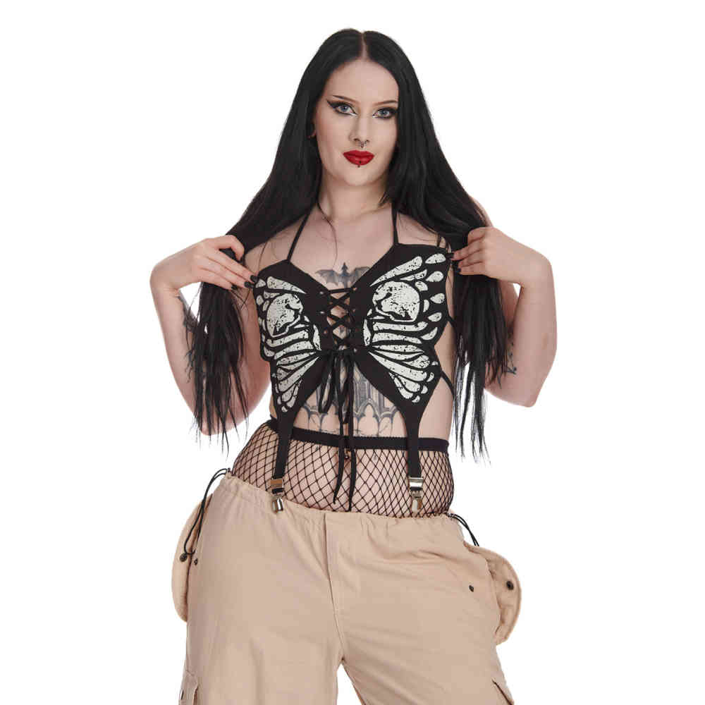 Banned - Lucasta Skeleton Butterfly Crop top - Zwart